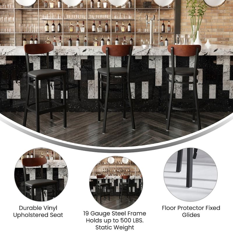 Commercial Metal Barstool with Wood Seat and Boomerang Back