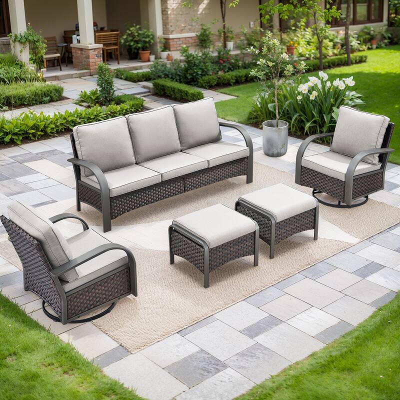 5 Pieces Sofa Swivel Rocker Glider Chairs with Ottomans - Beige Cushion - Brown