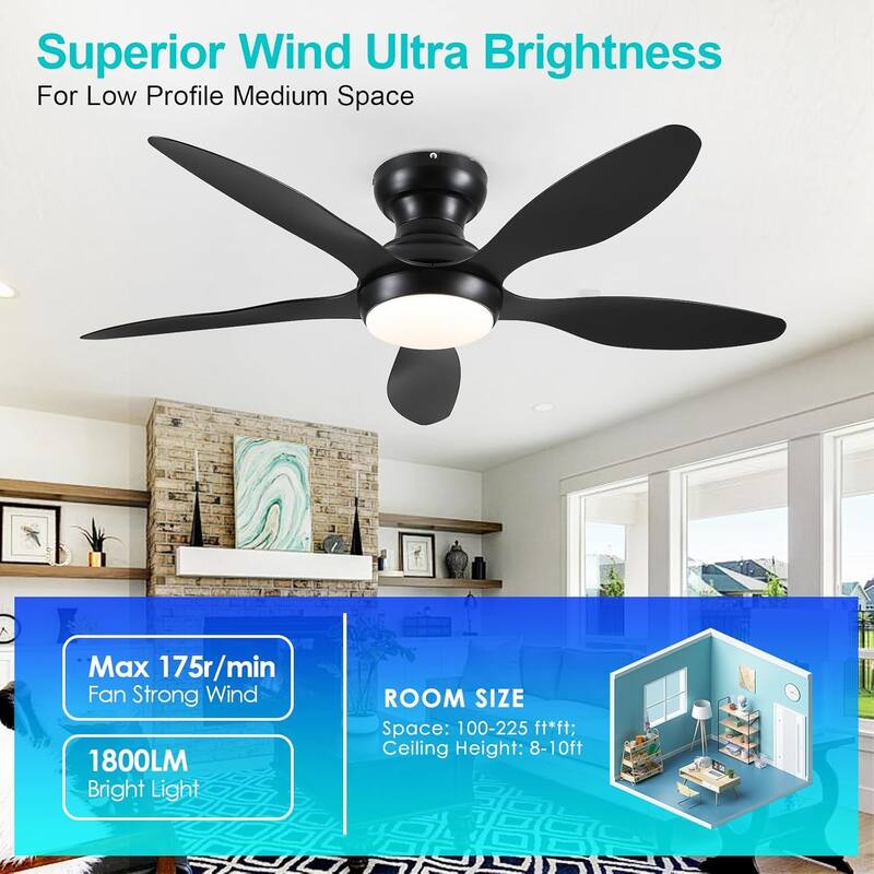 46" Modern Flush Mount Ceiling Fan with LED Light and Remote APP Control Reversible DC Motor for Living Room Bedroom - 46 Inches