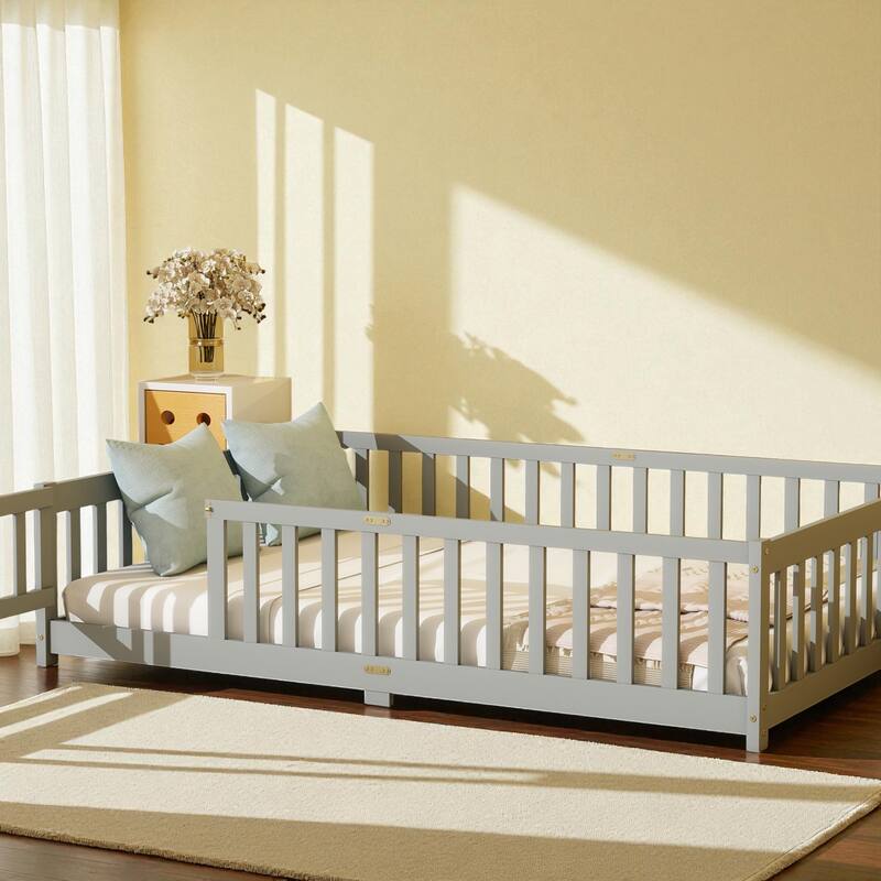 Full Size Rubber Wood Floor Bed with Fence and Door, Montessori Platform Bed with Safety Guardrails for Kids