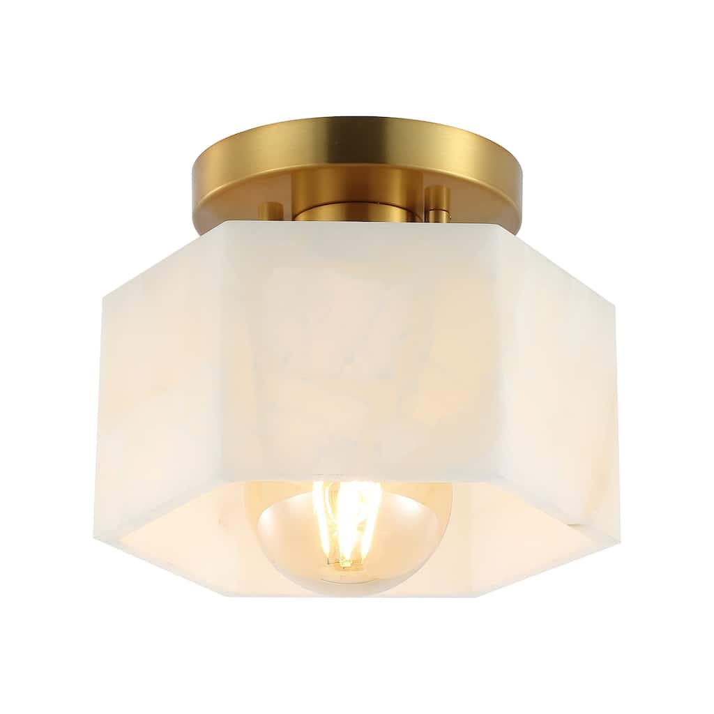 Celine 8" 1-Light Modern Contemporary Alabaster/Iron Hexagonal LED Semi Flush Mount, White Marbling/Brass Gold by JONATHAN Y