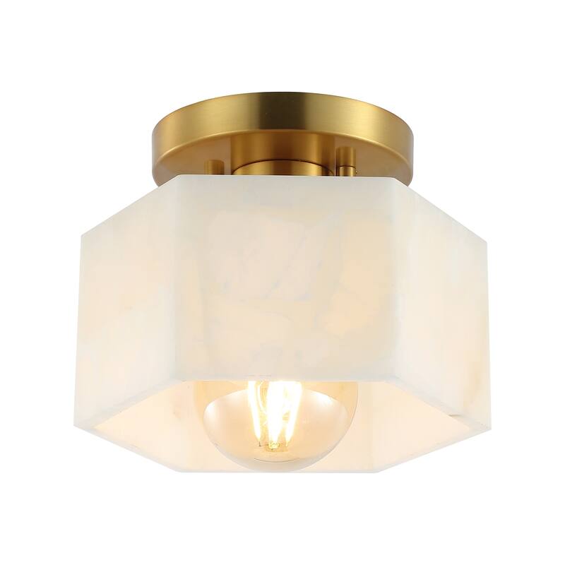 Celine 8" 1-Light Modern Contemporary Alabaster/Iron Hexagonal LED Semi Flush Mount, White Marbling/Brass Gold by JONATHAN Y - White Marbling/Brass Gold