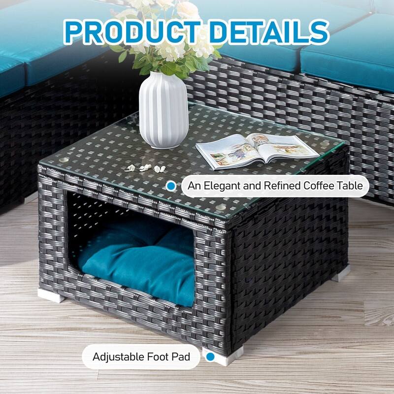 Patio 4-Piece Wicker Sectional Set with 2 Loveseats, Hydraulic Storage Box & Pet House Table