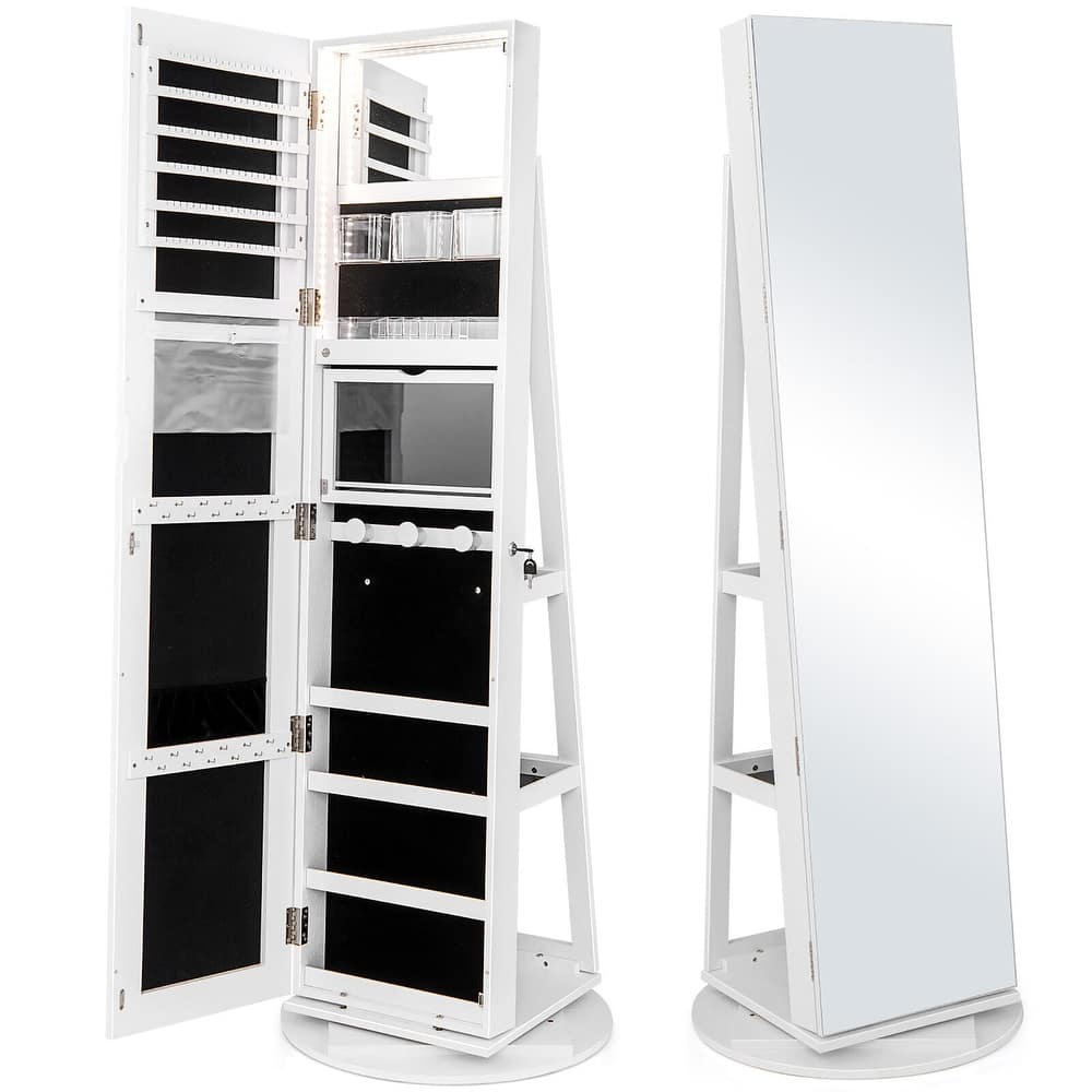 Gymax Rotating Mirrored Jewelry Cabinet with Mirror Storage Shelves