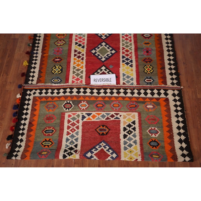 Kilim Qashqai Persian Vintage Rug Flatweave Tribal Wool Carpet - 5'2" X 9'10"