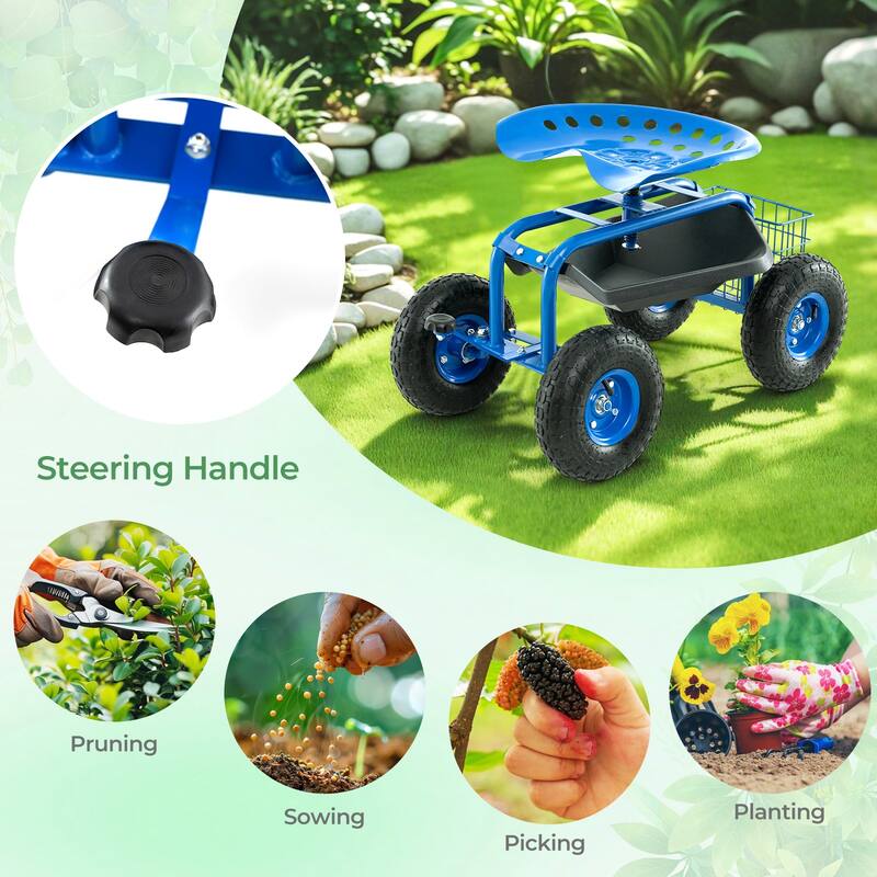Gymax Cart Wagon Rolling Work Seat w/ Tool Tray Basket Planting Patio