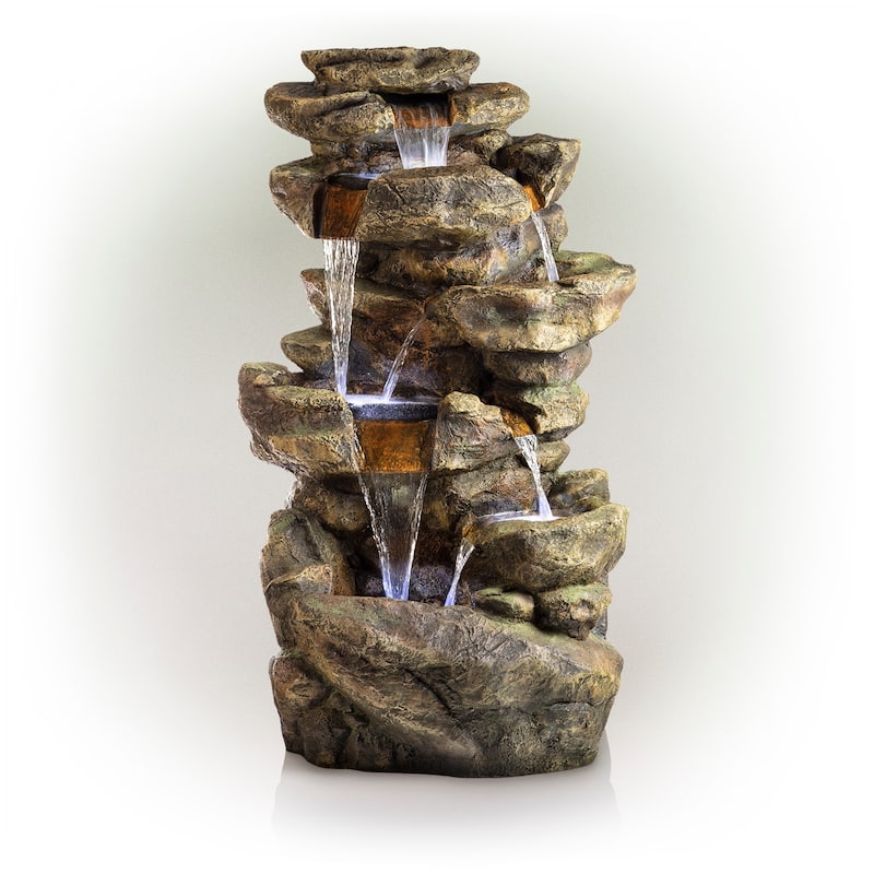 Alpine Corporation 51" Tall Outdoor 6-Tier Amazonian Rainforest Waterfall Fountain with 30 LED Lights