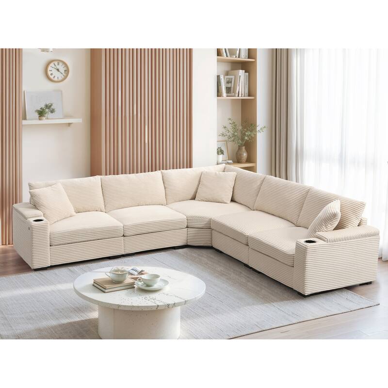 Roomfitters 106'' Convertible L-Shaped Sectional Sofa, Corduroy Corner Couch with Armrest Storage, Cup Holders, USB Charger