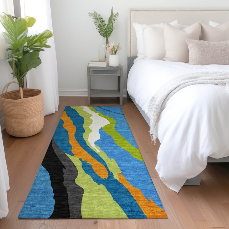 Machine Washable Indoor/ Outdoor Abstract Contemporary Chantille Rug - Denim - 2'3" x 7'6"