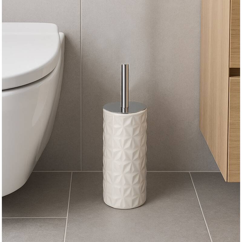 15" Tall Embossed Textured Beige Cream Ceramic Toilet Brush Set with Holder