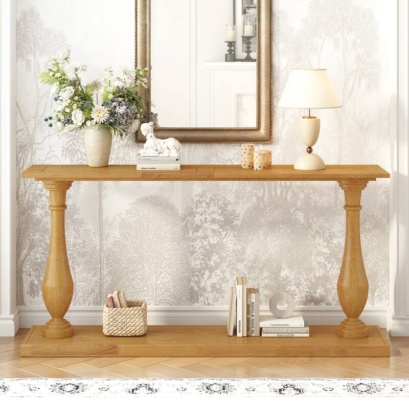 63" Narrow Long Sofa Table Console Table with Storage Shelf, Vase-Leg Design Entryway Table Accent Table for Living Room - Natural