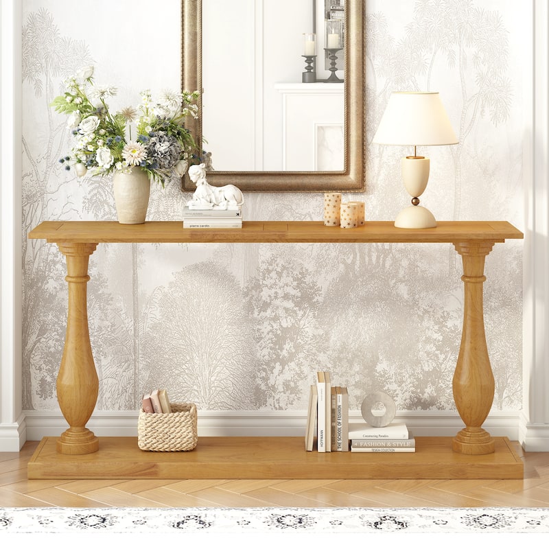 Vintage Sofa Console Table with Luxurious Veneer & Elegance Vase-Leg