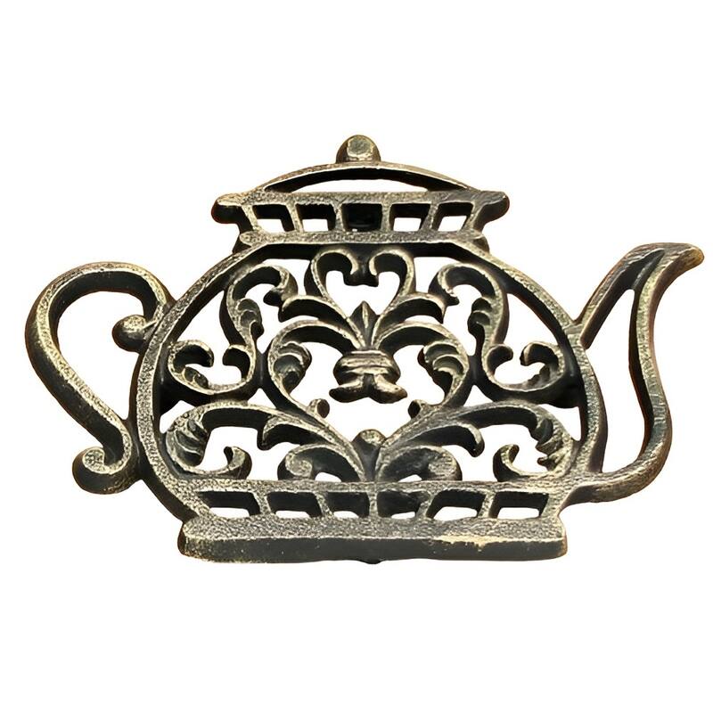 Cast Iron Tea Kettle Trivet with Gold Accents, Decorative Hot Pot Holder for Kitchen Counter - 5 3/4" H. x 7 1/2" W. x 1/2" D