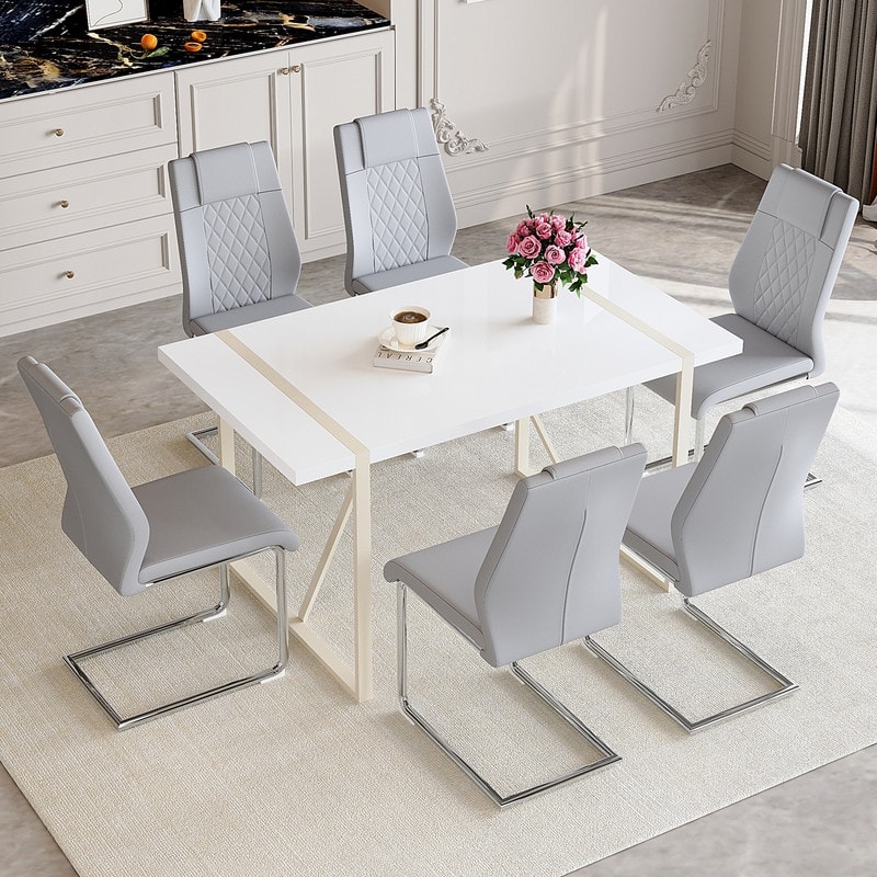 7-Piece Modern Dining Table Set with 6 Upholstered Chairs, Silver Metal Legs - Light Gray,Silver