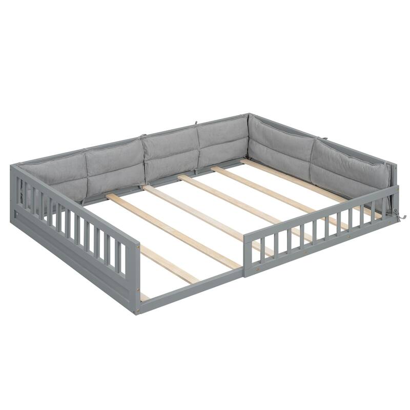 Wooden Upholstered Platform Bed with Guardrails and Pillows