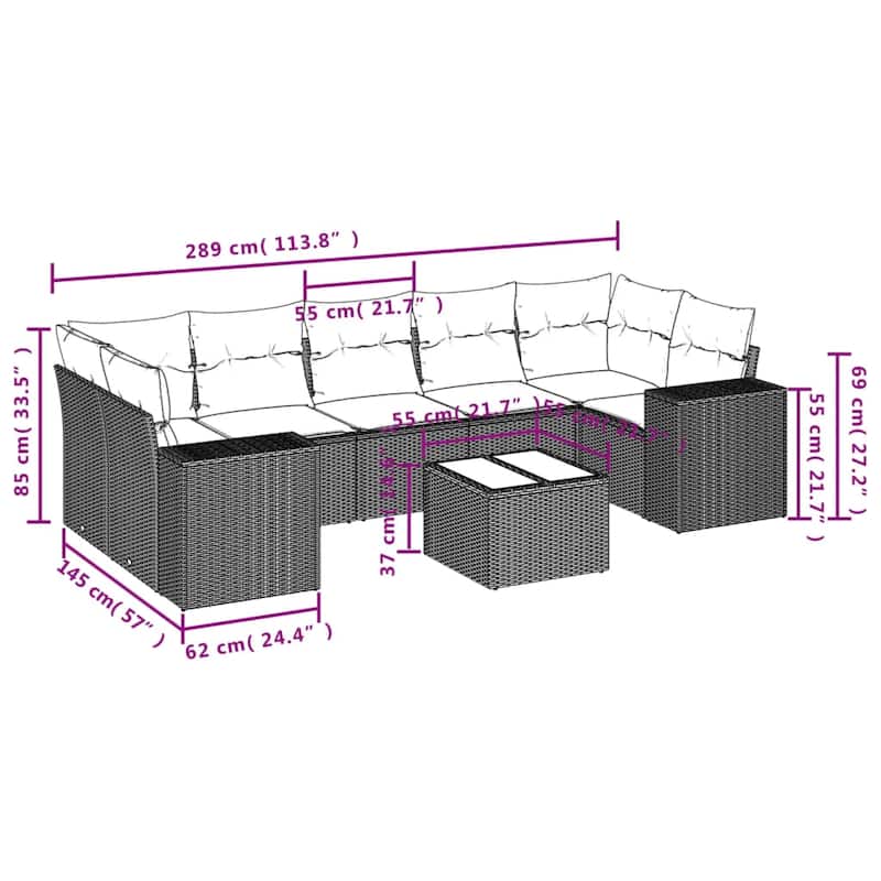 vidaXL 8 Piece Patio Sofa Set with Cushions Black Poly Rattan - 21.7 x 24.4 x 27.2