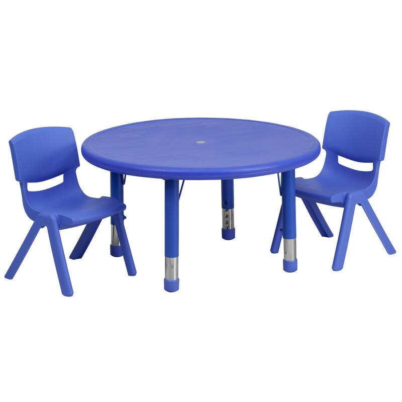 33" Round Plastic Height Adjustable Activity Table Set with Chairs - 2 Chairs - Blue