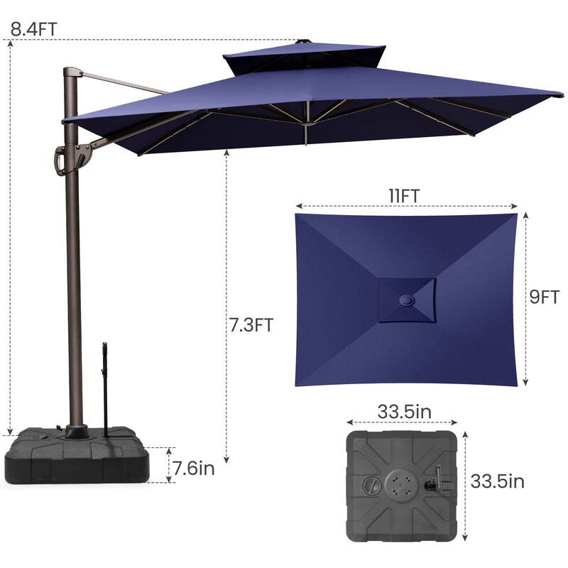 9 ft x 11 ft Outdoor Patio Dual Top Cantilever Offset Umbrella with Rod Base
