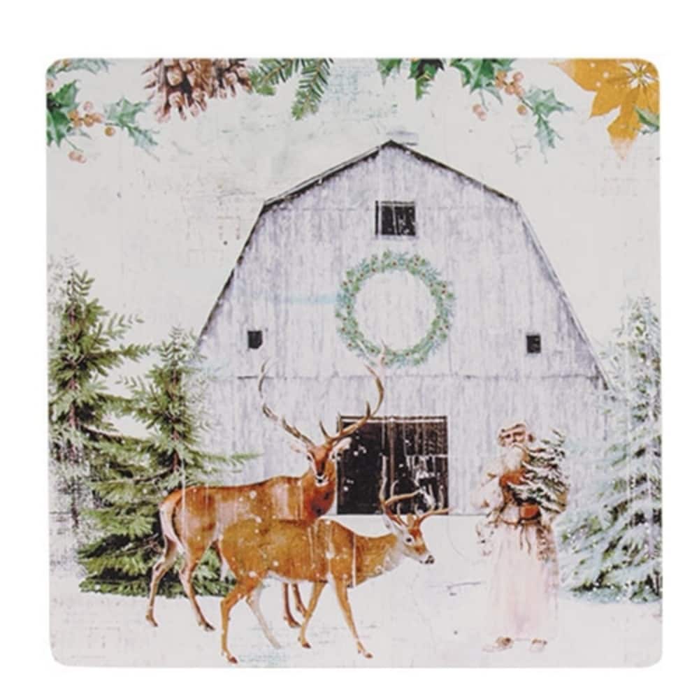 Winter Barn Scene Metal Sign Christmas Wall Hanging Santa Deer Pine Holiday Decor 12x12 - 11.75” high by 11.75” wide
