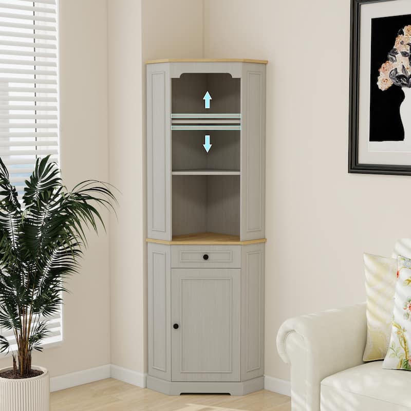 68" Farmhouse Tall Corner Cabine with A drawer and A Adjustable Shelf