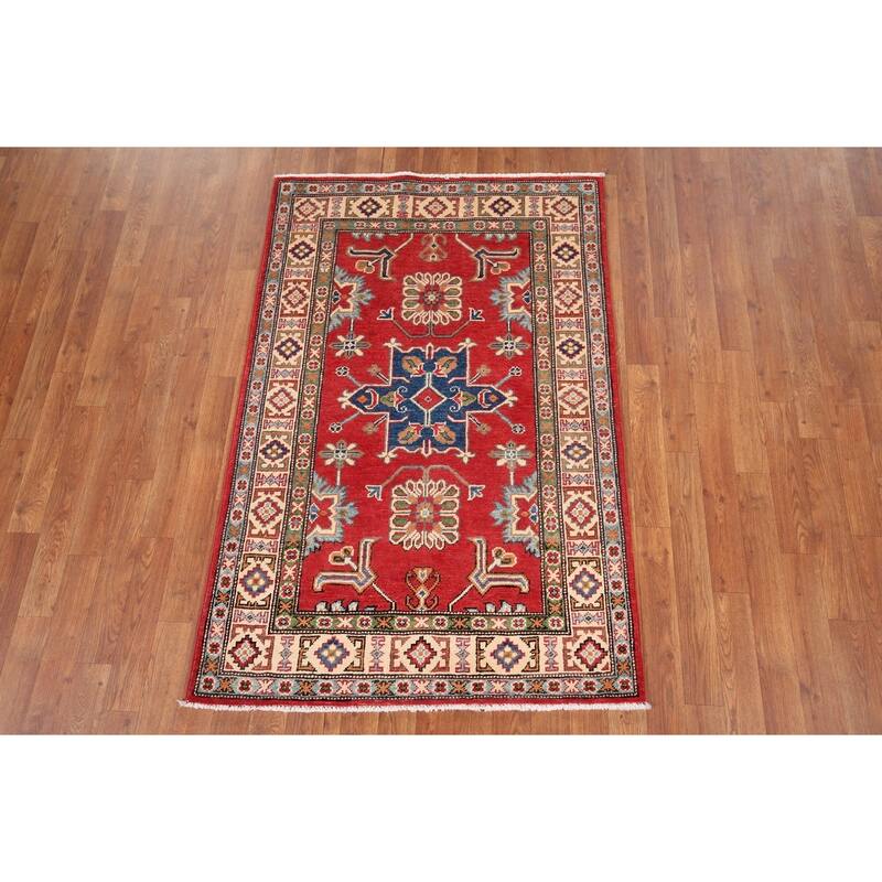 Geometric Red Kazak Oriental Accent Rug Handmade Wool Carpet - 3'4" x 5'0"