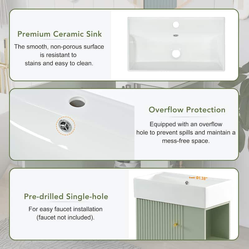 21.6" White Bathroom Vanity with Side Storage, Ceramic Undermount Sink, Soft-Close Door, and Elegant Golden Handle