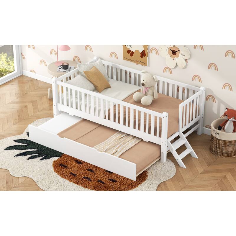 Roomfitters Twin Wood Platform Bed with Semi-Enclosed Guardrail and Trundle