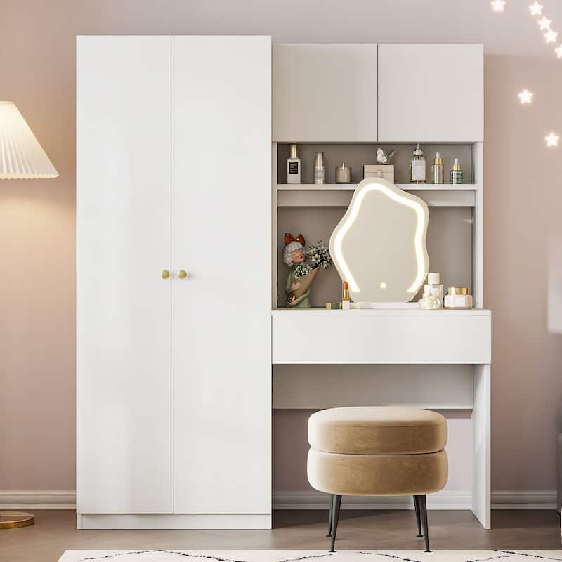 4-in-1 Wardrobe Closet with Makeup Vanity Desk Set, Bedroom Armoire with Lighted Mirror, Double Door Armoire - White