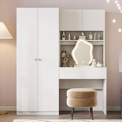 Wooden White Wardrobe & Dressing Table Set, 2-Door Armoire Closet with Hanging Rod, Vanity Desk with Makeup Mirror & Drawers