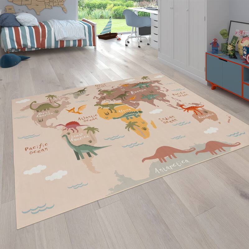 Kids Rug Play Mat with World Map & Dinosaurs in Beige