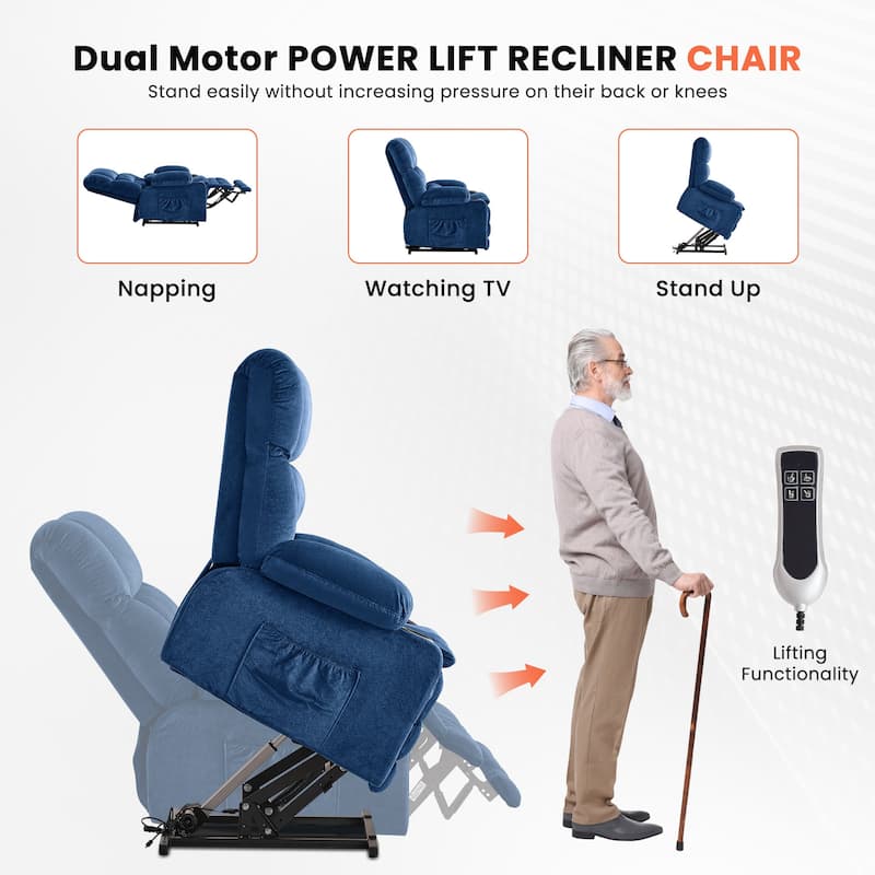Dual Motor Large Power Lift Recliner Chair for Elderly, Lay Flat Lift Chair with knead the waist and heat, Big Lift Recliner