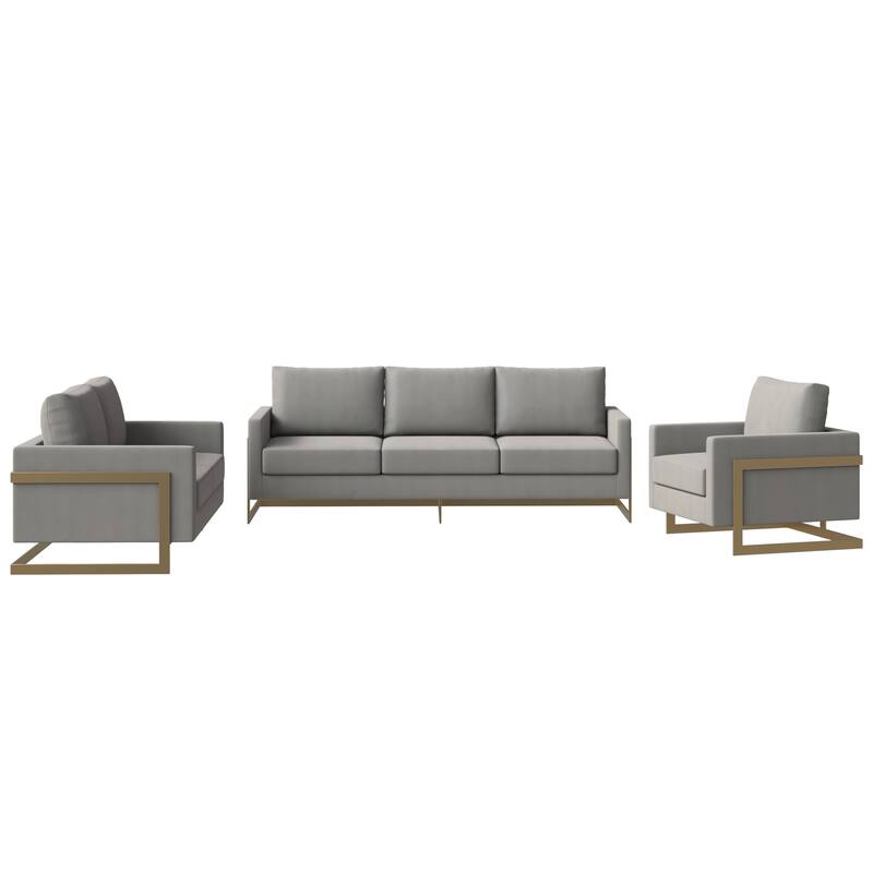 3-Piece Velvet Sofa Set with Gold Stainless Steel Base and Removable Cushions