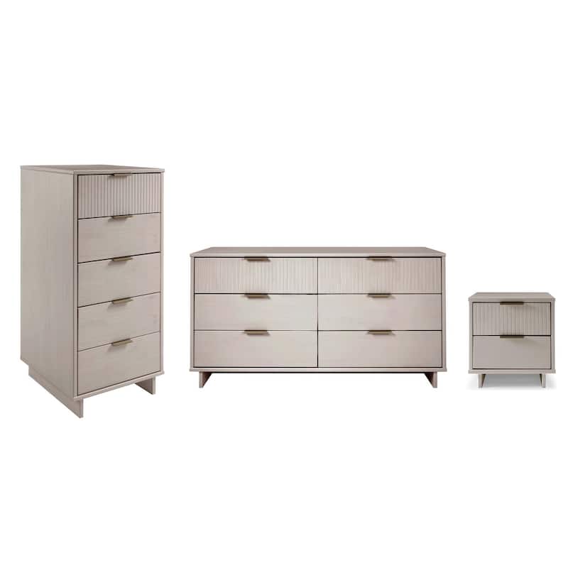 Manhattan Comfort 3-Piece Granville Modern Solid Wood Narrow Chest Dresser Nightstand Set.