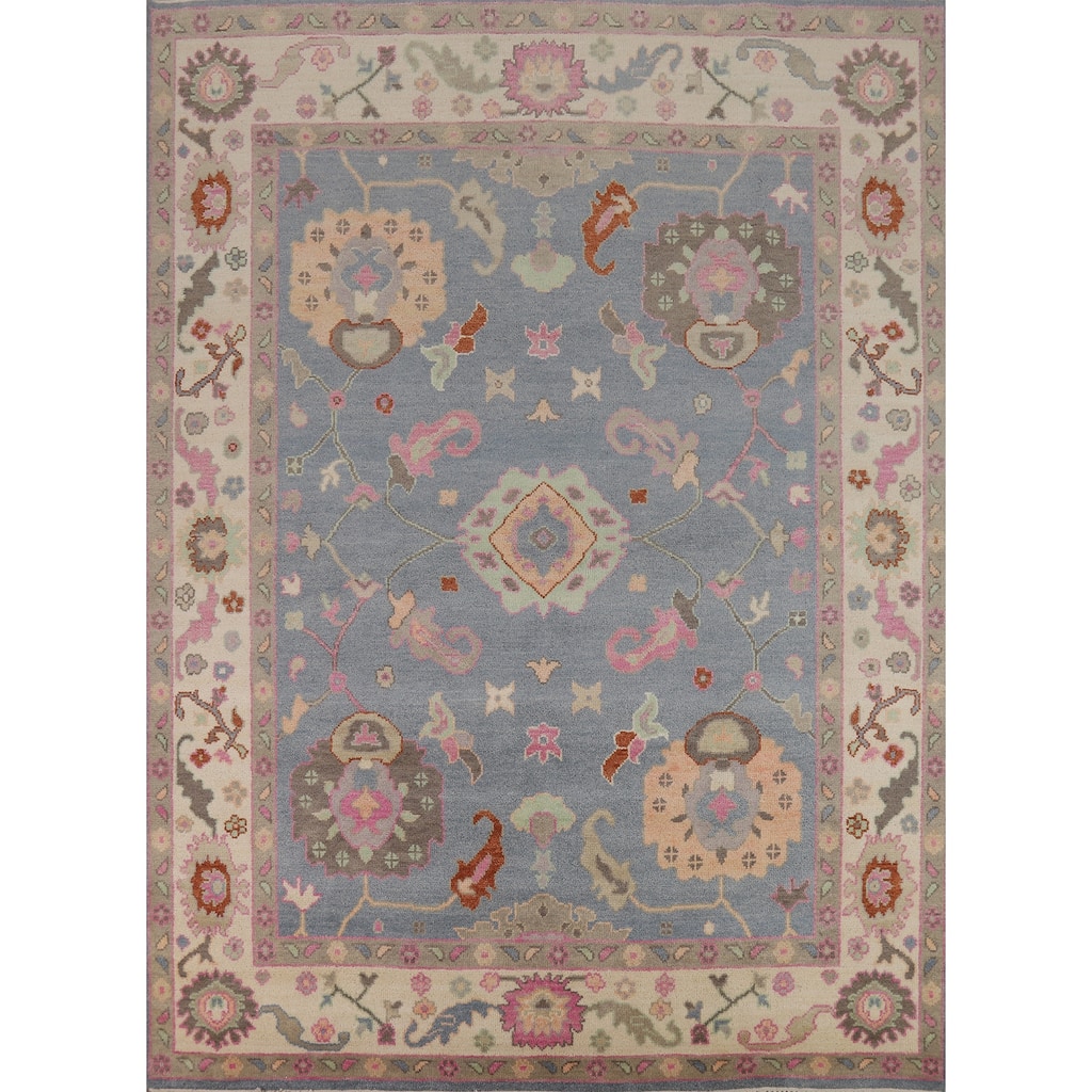 Light Blue Floral Oushak Indian Area Rug Handmade Wool Carpet - 8'0" x 9'10"