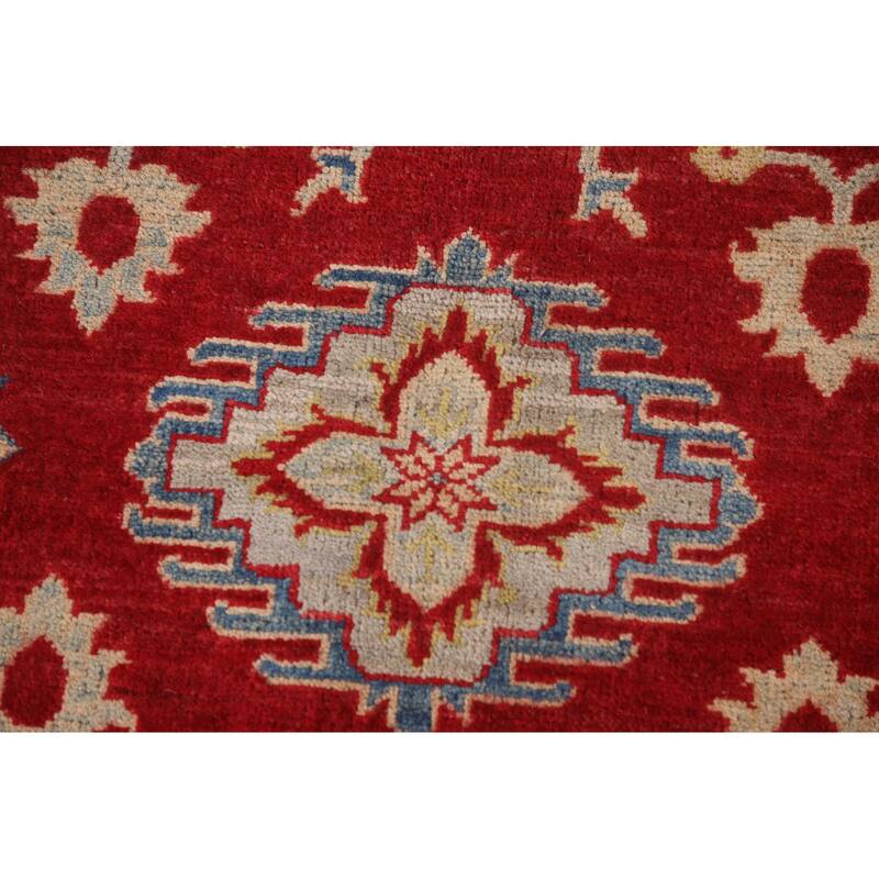 Red Geometric Kazak Area Rug Handmade Oriental Wool Carpet - 6'0" x 8'10"