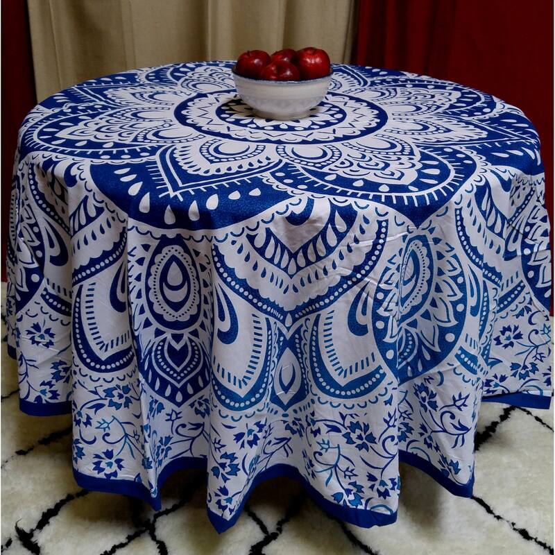 Cotton Floral Heart Medallion Tablecloth Round - 81 inches - Blue White