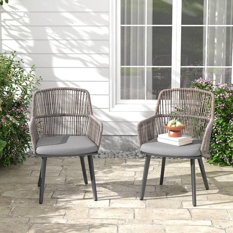 Outdoor 2-piece Dining PE Wicker Arm Chair with Cushion