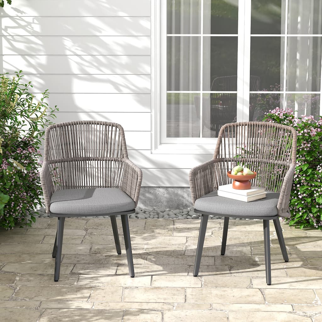 Outdoor 2-piece Dining PE Wicker Arm Chair with Cushion