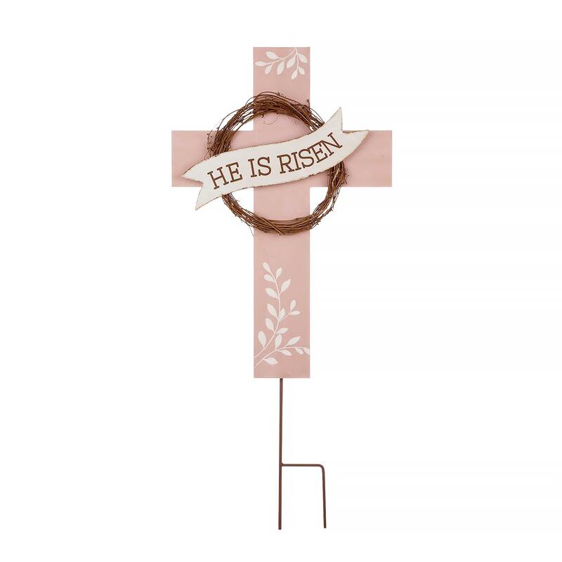 Glitzhome 32"H Easter Wooden Metal Cross Yard Stake Wall Decor