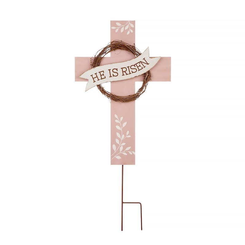 Glitzhome 32"H Easter Wooden Metal Cross Yard Stake Wall Decor - White/Brown/Pink