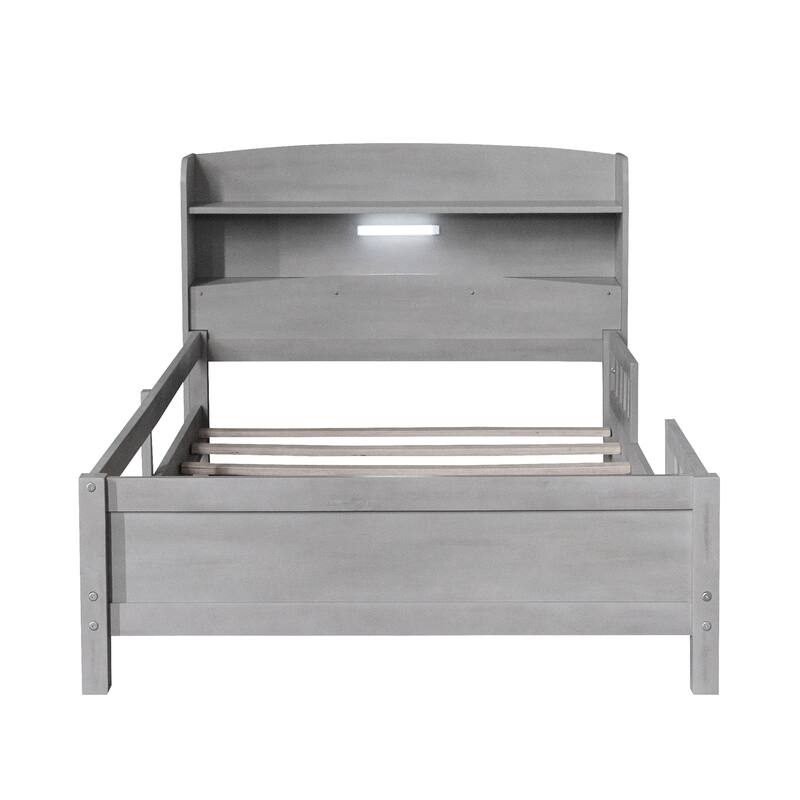 Twin Size LED Platform Bed with Storage Headboard & Guardrail, Antique Grey