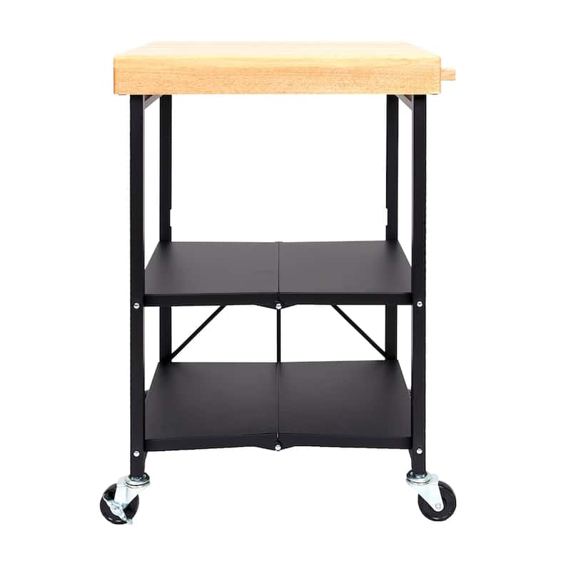 Origami Foldable Wheeled Portable Solid Wood Top Kitchen Island Bar Cart, Black