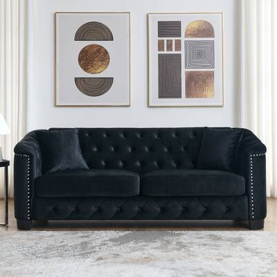 3 Seater Chesterfield Couch Button Tufted Velvet Upholstered Sofa with Nailhead Arms and 2 Pillows for Living Room, Black