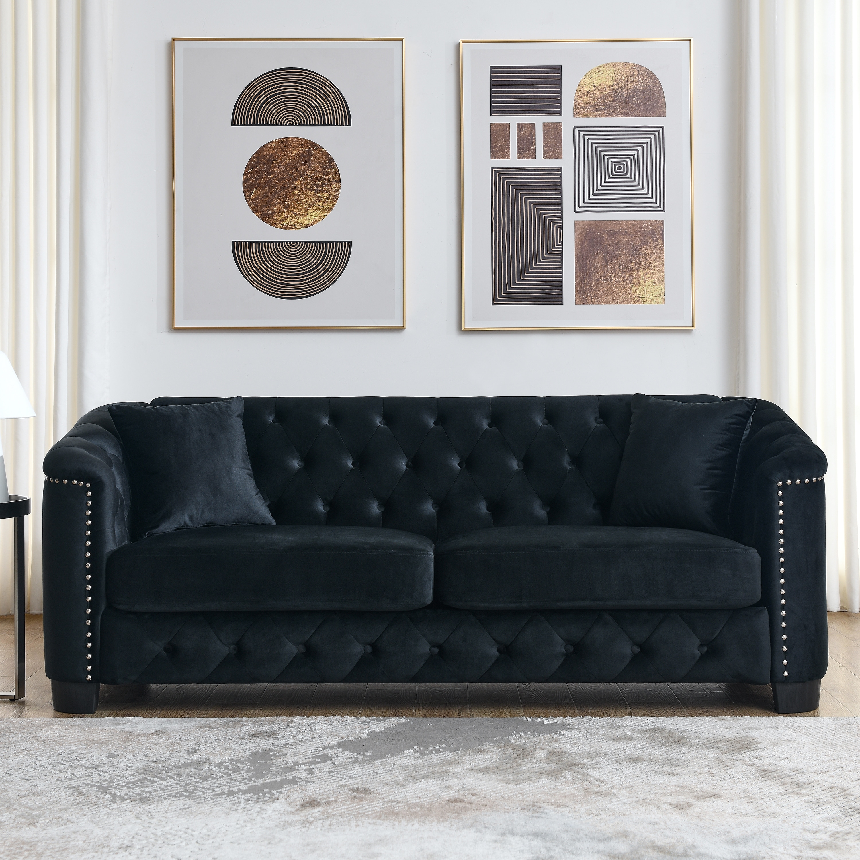 Black Velvet Sofa Couch 3-Seater Sofa with Nailhead Trim & Armrests, Upholstered Sofa Couch with Tufted Backrest