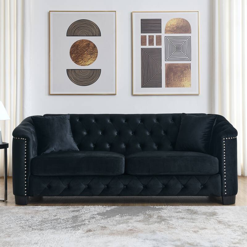 Modern Chesterfield Velvet 3+3 Seater Sofa, Upholstered Tufted Backrests with Nailhead Arms and 2 Cushions for Living Room