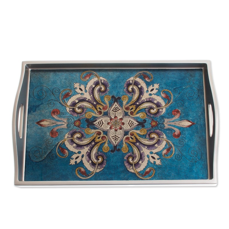Novica Handmade Enchanting Flowers In Blue Reverse-Painted Glass Tray