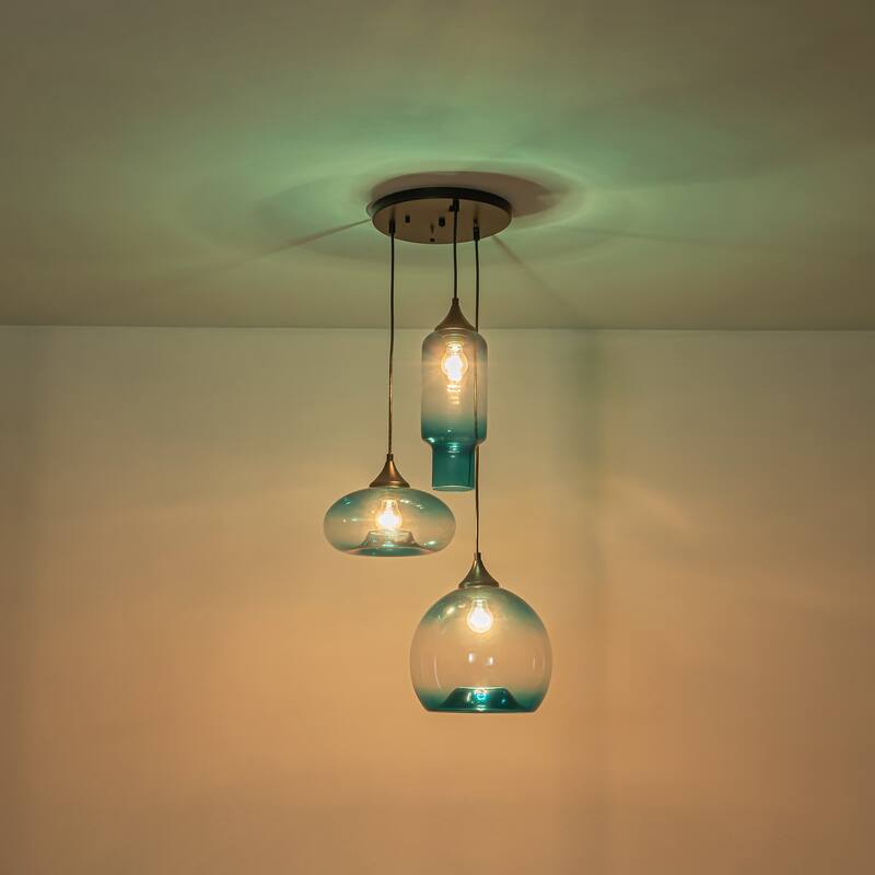 3-Light Modern Black Cluster Pendant Light Gradient Blue Glass Kitchen Island Lighting, Dining Room Ceiling Light