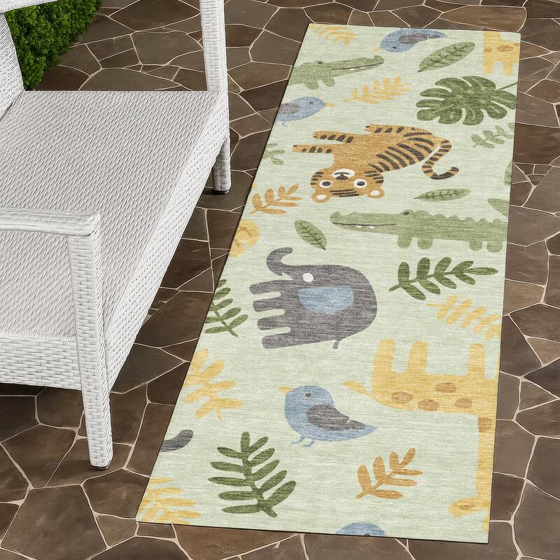 Machine Washable Indoor/ Outdoor Whimsy Safari Animals Chantille Rug - Mint - 2'3" x 7'6"