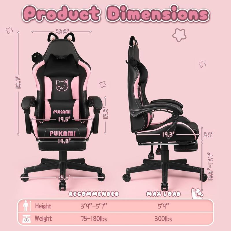 BOSSIN Gaming Chair with Cat Ears and Cat Paw Cushion Pillow,Cute Kawaii Reclining Computer Chair for Girl with Footrest