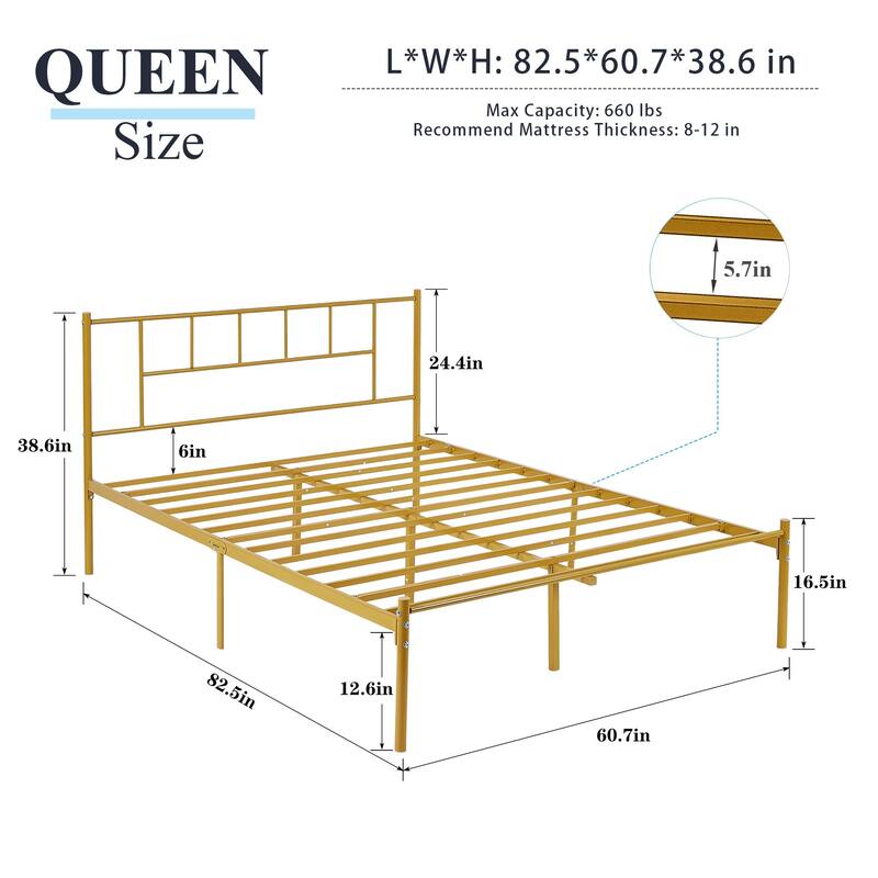 VECELO Victorian Style 14 Inch Metal Platform Bed Frame with Headboard, Heavy Duty Steel Slat Support, No Box Spring Needed